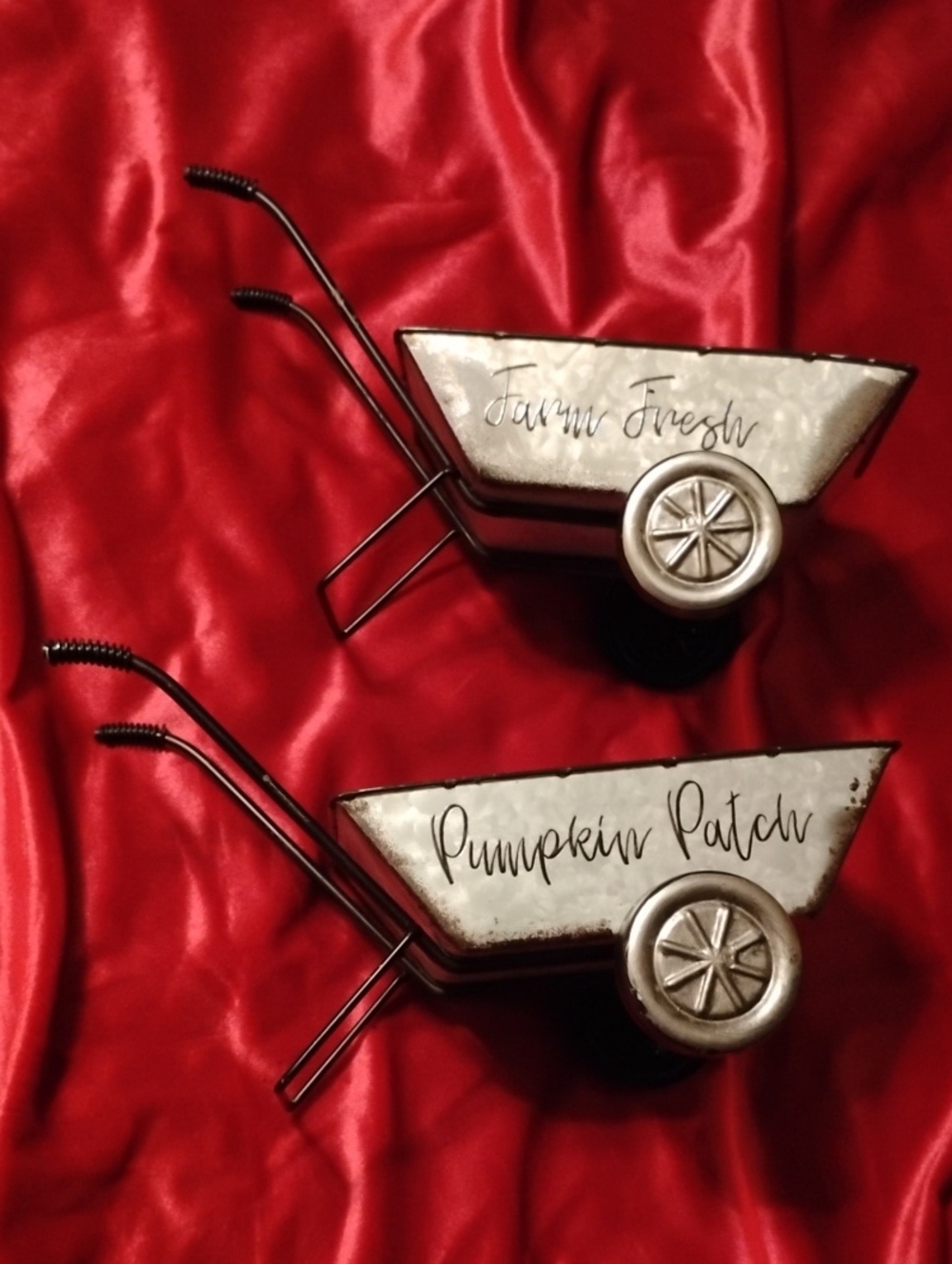 Metal Wheelbarrow Decor Pair- "Farm Fresh" & "Pumpkin Patch"